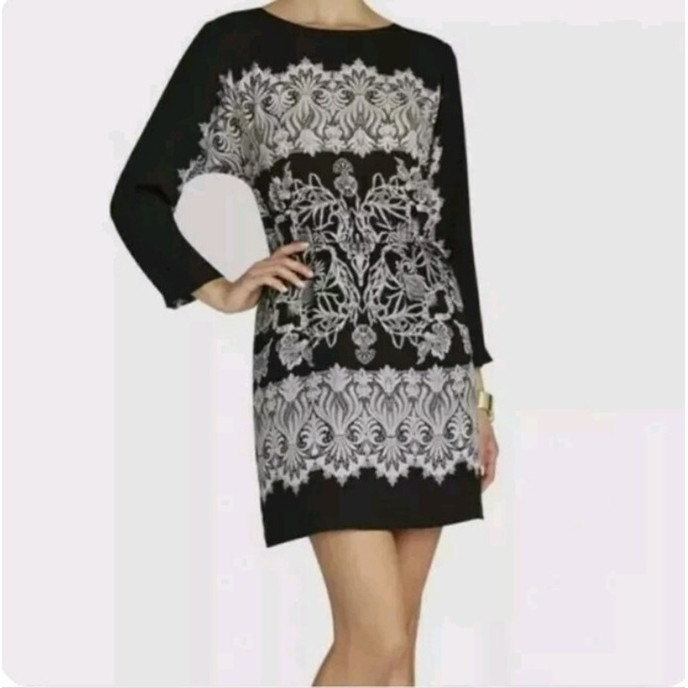 BCBGMAXAZRIA Shift Dress Black Paisley Lace Print Round Neck Tunic Medium